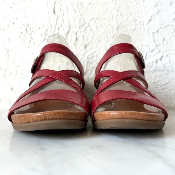 Dansko Ana Red Leather Open Back Wedge Sandals Adjustable Strap - Women's 40/9 - Picture 4 of 8